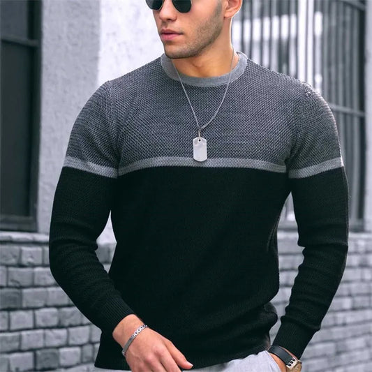 Men Fashion Round Neck Long Sleeve Color Block Knitwear