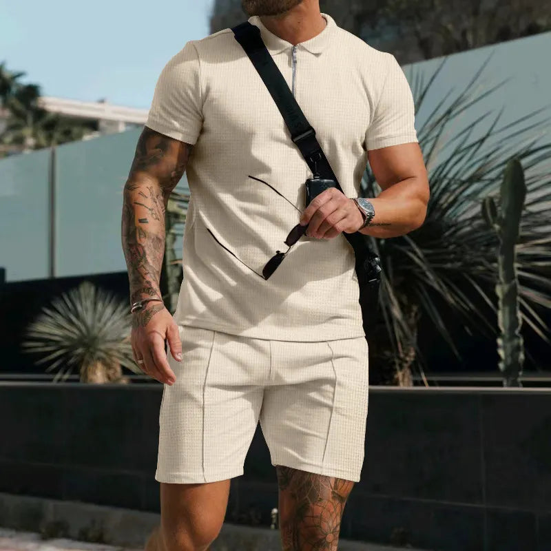 Men Casual Lapel Short-Sleeved Solid Color Waffle Polo Shirt And Shorts Two-Piece Set