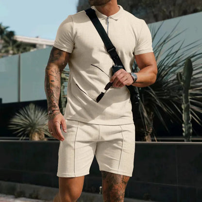 Men Casual Lapel Short-Sleeved Solid Color Waffle Polo Shirt And Shorts Two-Piece Set