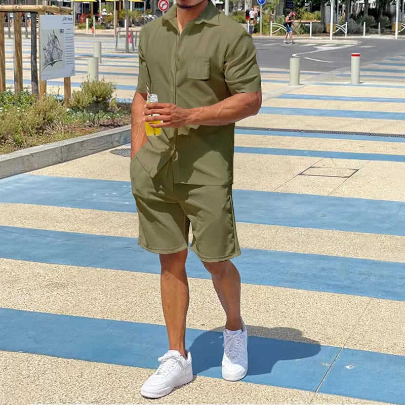 Men Casual Solid Color Linen Lapel Loose Shirt And Shorts Two-Piece Set