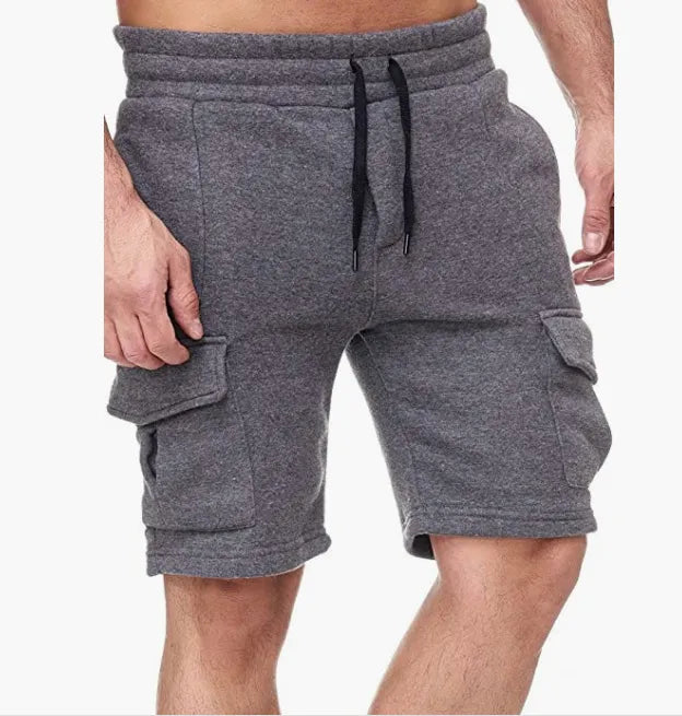 Men's Casual Solid Color Lace-Up Multi-Pocket Sports Shorts