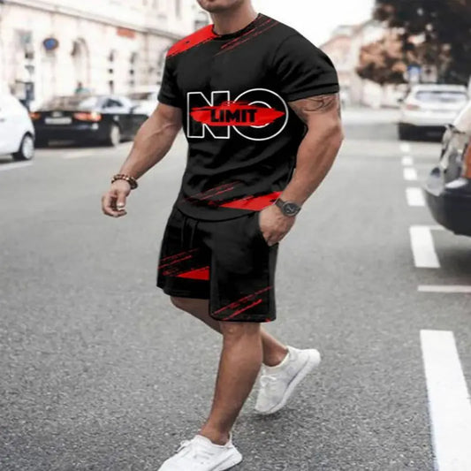 Men Casual Large Size Round Neck Printed Short-Sleeved T-Shirt And Short-Sleeved Two-Piece Suit