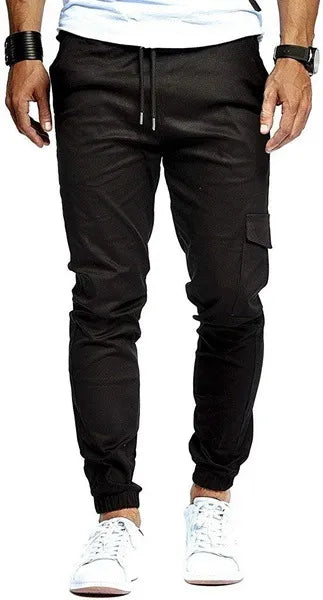Men Casual Drawstring Solid Color Multi-Pocket Sports Trousers