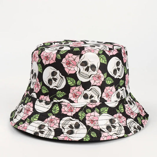 Fashion Creative Skull Rose Print Sunscreen Sunshade Double-Sided Fisherman Hat