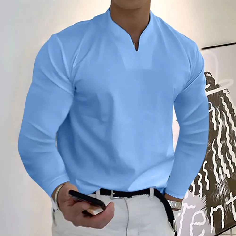 Men Spring Autumn Fashion Casual Solid Color Cotton V Neck Long Sleeve Plus Size Shirts