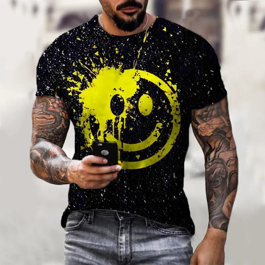 Men Fashion Smiley Pattern Printed Round Neck Loose Short Sleeve T-Shirt