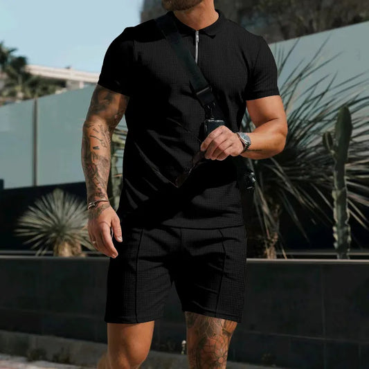 Men Casual Lapel Short-Sleeved Solid Color Waffle Polo Shirt And Shorts Two-Piece Set