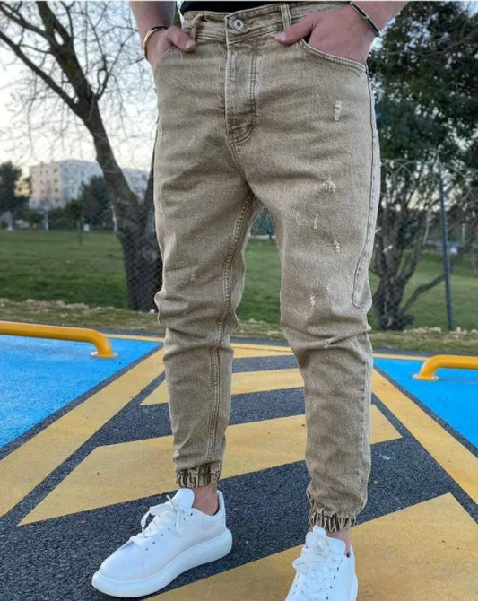 Men Basic Solid Color Straight Jogger Ripped Jeans