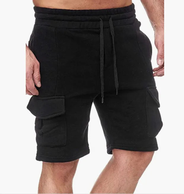 Men's Casual Solid Color Lace-Up Multi-Pocket Sports Shorts