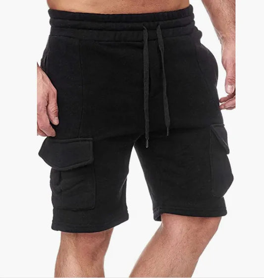 Men's Casual Solid Color Lace-Up Multi-Pocket Sports Shorts
