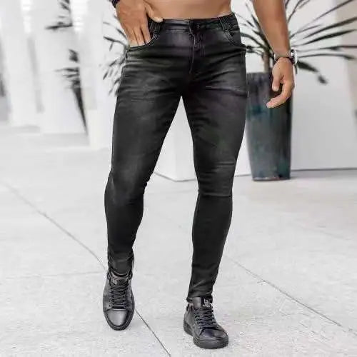 Men Casual Mid Waist Multi-Pocket Design Tight Jeans