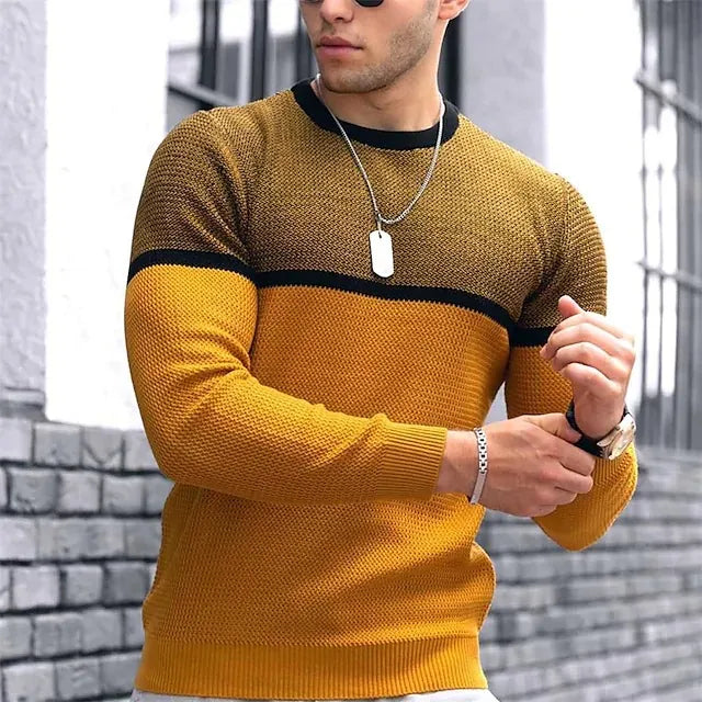 Men Fashion Round Neck Long Sleeve Color Block Knitwear