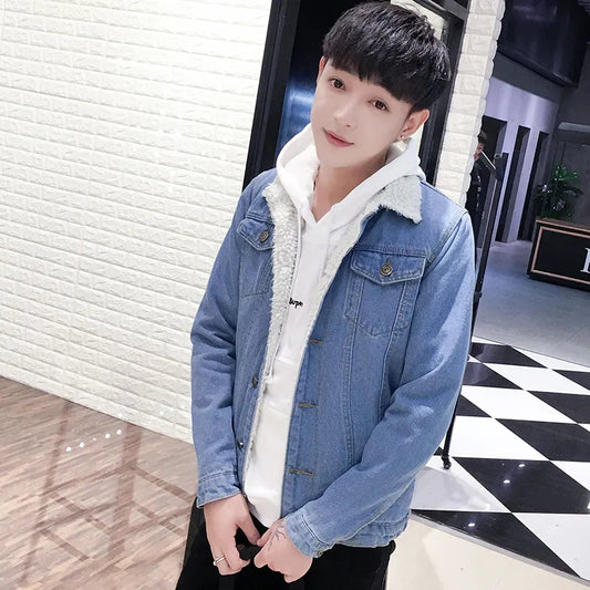 Men Fashion Lapel Long Sleeve Fleece Denim Jacket