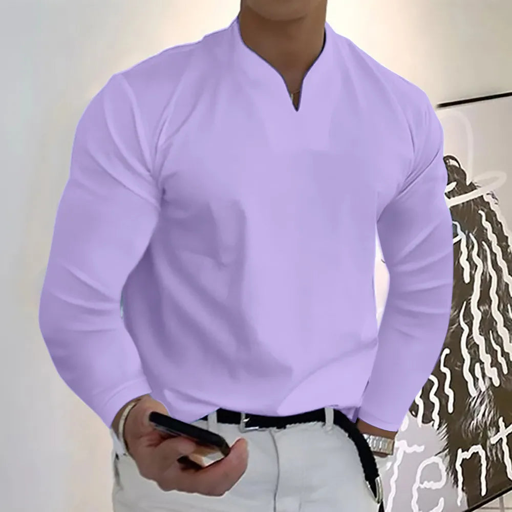 Men Spring Autumn Fashion Casual Solid Color Cotton V Neck Long Sleeve Plus Size Shirts