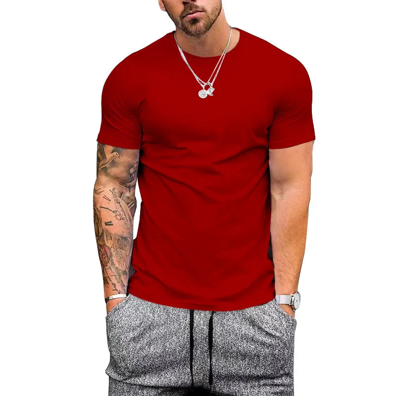Men Casual Round Neck Solid Color Short-Sleeved T-Shirt