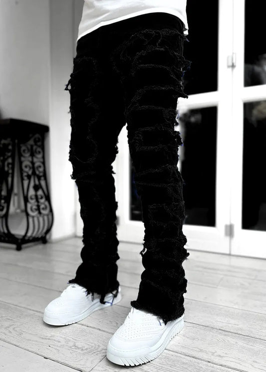 Men Summer Fashion Casual Solid Color Raw Hem Ripped Denim