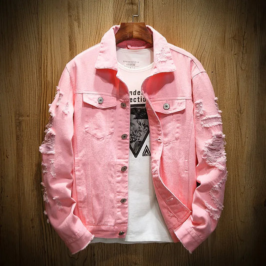 Men's Fashion Solid Color Large Size Ripped Denim Jacket