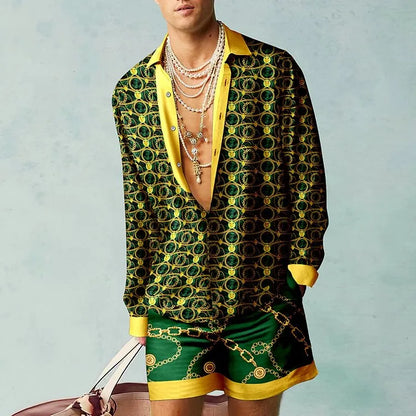 Men Casual Printed Long-Sleeved Loose Shirt And Shorts Two-Piece Set