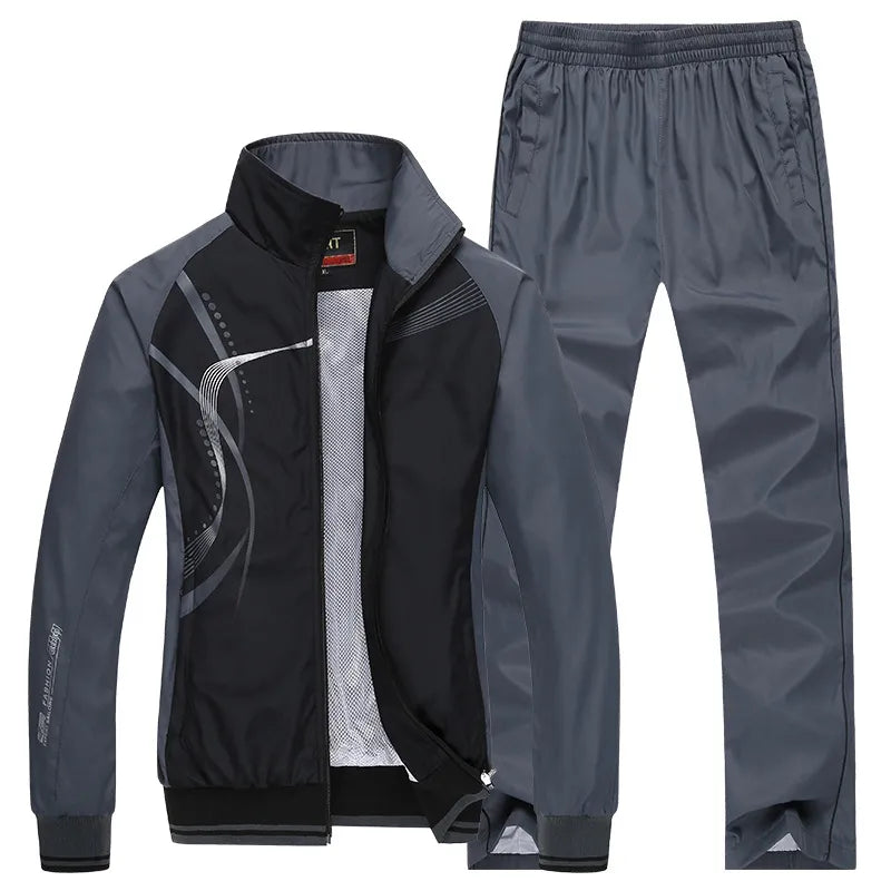 Men Plus Size Basic Long Sleeve Lapel Graphic Printed Zipper Thin Coat And Mid Waist Pants Two-Piece Set