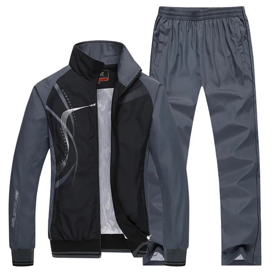 Men Plus Size Basic Long Sleeve Lapel Graphic Printed Zipper Thin Coat And Mid Waist Pants Two-Piece Set