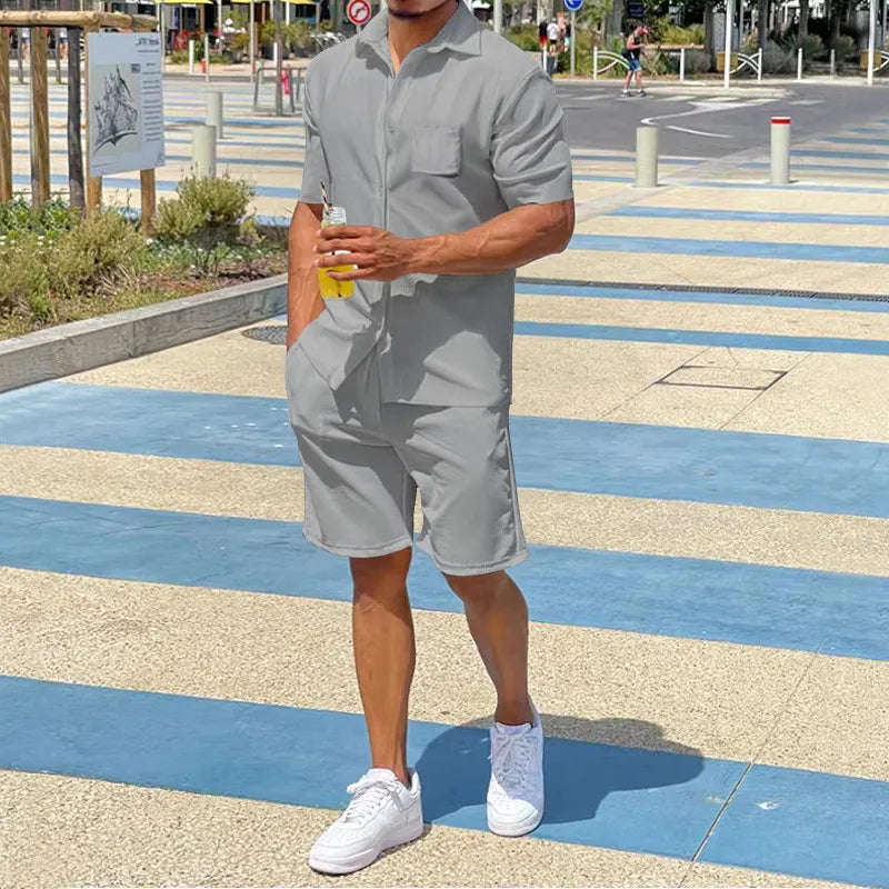 Men Casual Solid Color Linen Lapel Loose Shirt And Shorts Two-Piece Set