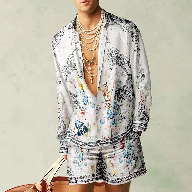 Men Casual Printed Long-Sleeved Loose Shirt And Shorts Two-Piece Set