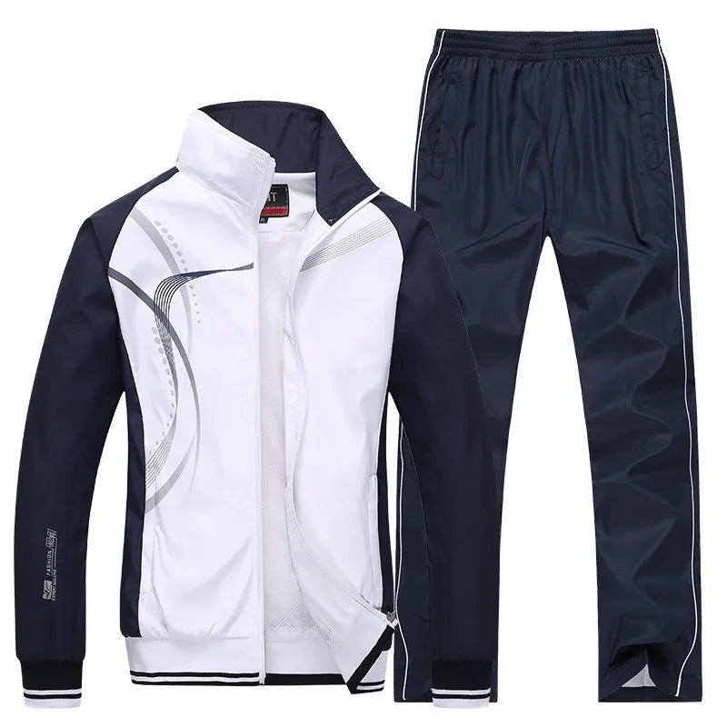 Men Plus Size Basic Long Sleeve Lapel Graphic Printed Zipper Thin Coat And Mid Waist Pants Two-Piece Set