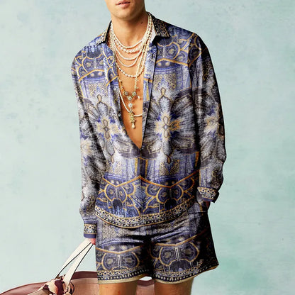 Men Casual Printed Long-Sleeved Loose Shirt And Shorts Two-Piece Set