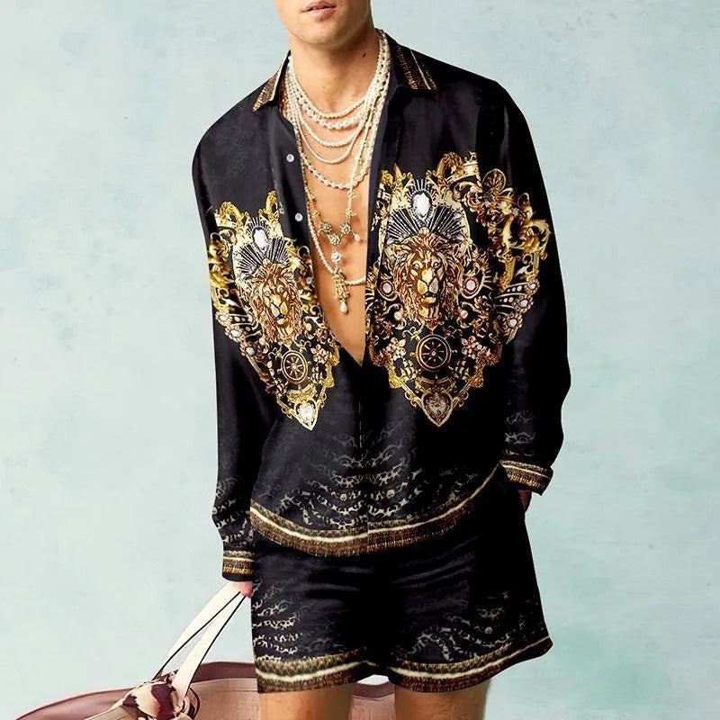 Men Casual Printed Long-Sleeved Loose Shirt And Shorts Two-Piece Set