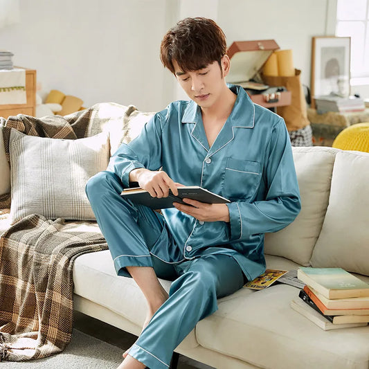 Women Men Sweet Couple Cozy Loungewear Solid Color Satin Pajamas Set