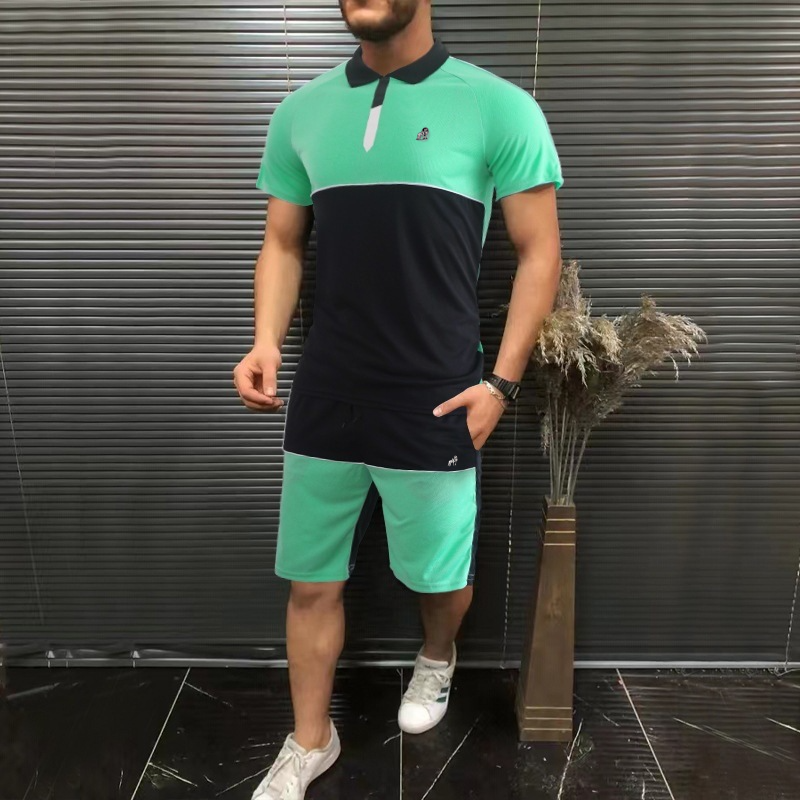 Casual Stitching Color Matching Lapel Polo Shirt Mid-Waist Tethered Shorts Two-Piece Set