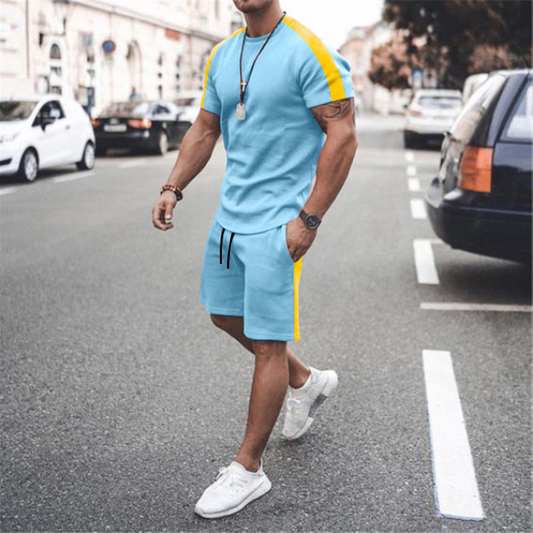 Men Casual Round Neck Short-Sleeved T-Shirt And Pants Two-Piece Set