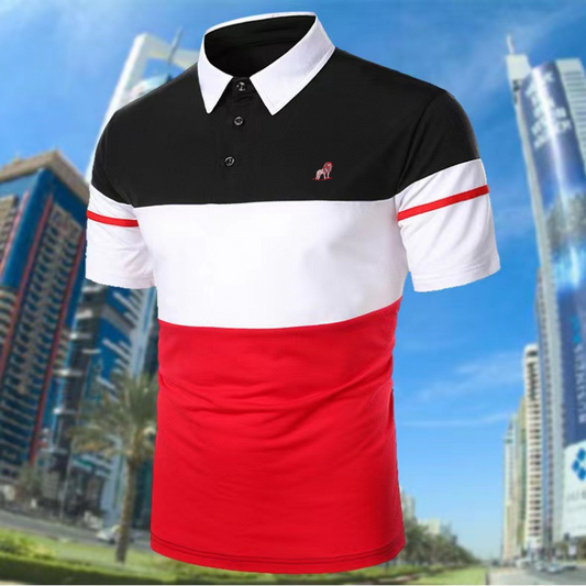 Casual Patchwork Contrast Stripe Short Sleeve Lapel Polo Shirt