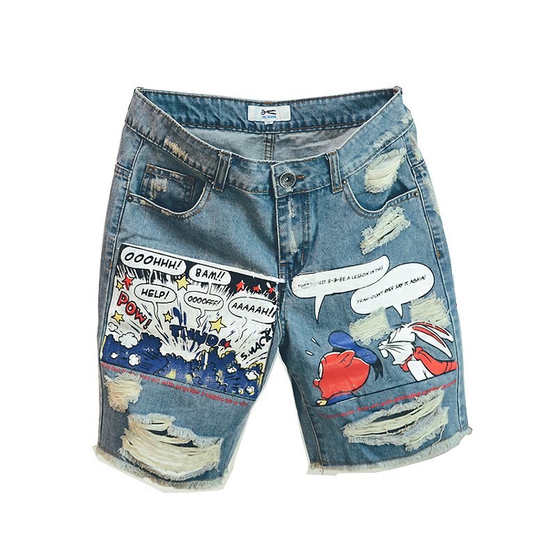 Mens Jeans Print Light Jean Shorts Men Ulzzang Summer Pattern Length Zipper Fly Stonewashed