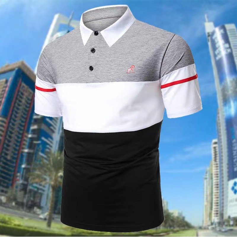 Casual Patchwork Contrast Stripe Short Sleeve Lapel Polo Shirt