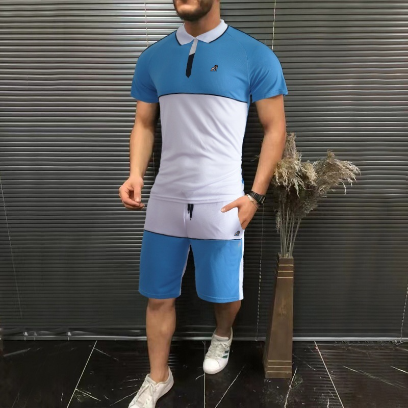 Casual Stitching Color Matching Lapel Polo Shirt Mid-Waist Tethered Shorts Two-Piece Set