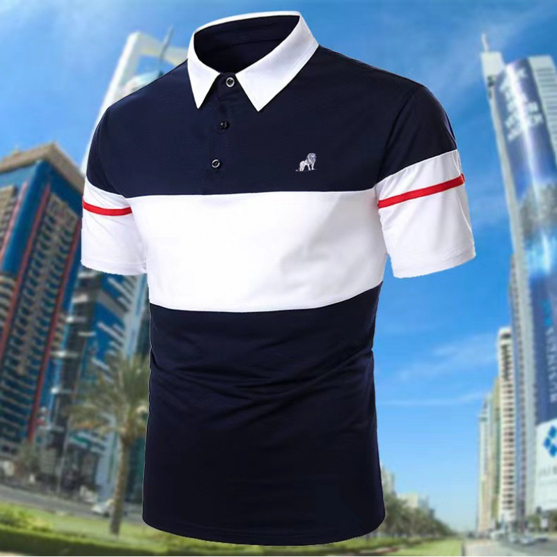 Casual Patchwork Contrast Stripe Short Sleeve Lapel Polo Shirt