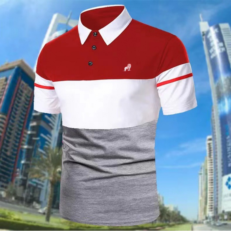 Casual Patchwork Contrast Stripe Short Sleeve Lapel Polo Shirt