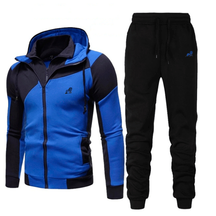 Casual Personality Colorblock Double Layer Zip Hooded Cardigan Slim Sweater Set
