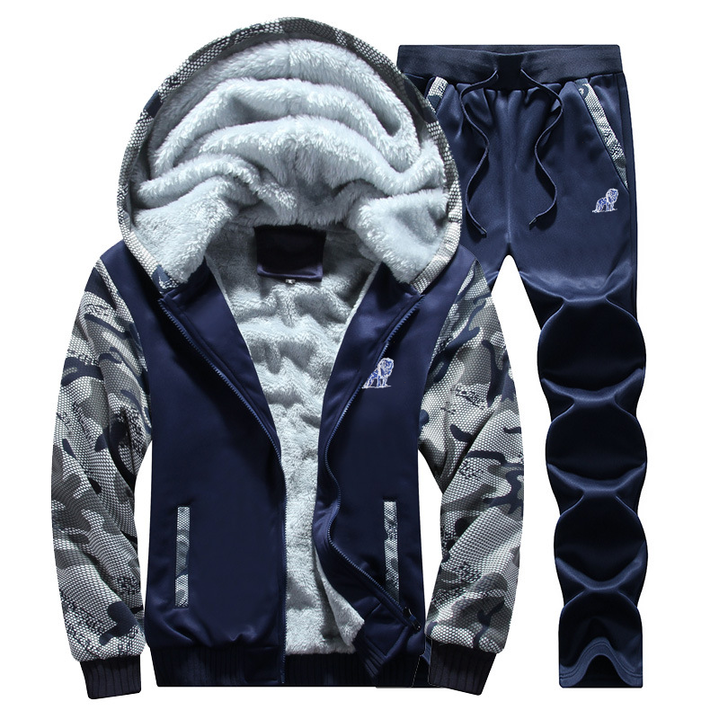 Men Casual Long Sleeve Zipper Camouflage Printed Pocket Design Fleece-lined Thick Hoodie And Drawstring Waist Jogger Pants Two-piece Set