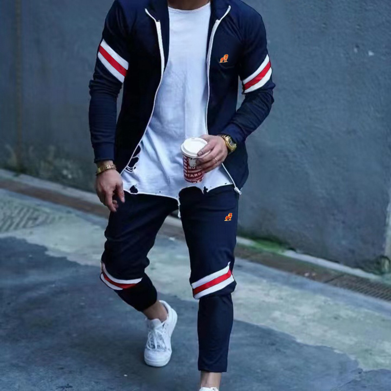 Casual Slim Sports Long-Sleeved Cardigan Sweater Trousers Patchwork Set