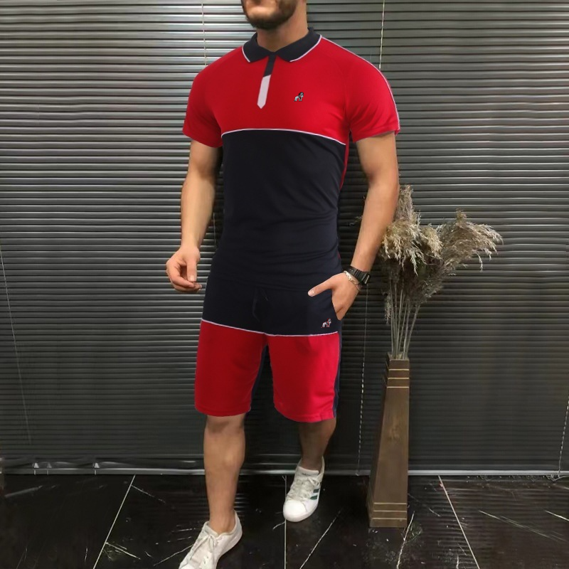 Casual Stitching Color Matching Lapel Polo Shirt Mid-Waist Tethered Shorts Two-Piece Set