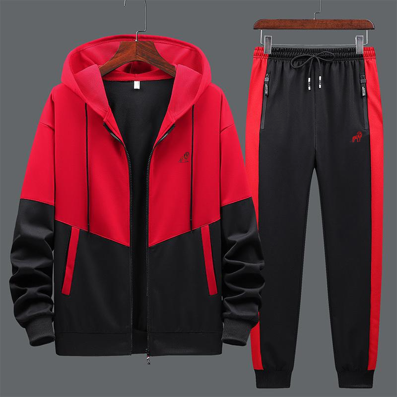 Casual Long Sleeve Hat Rope Pocket Design Color Blocking Zipper Coat And Drawstring Waist Jogger Pants Two-Piece Set