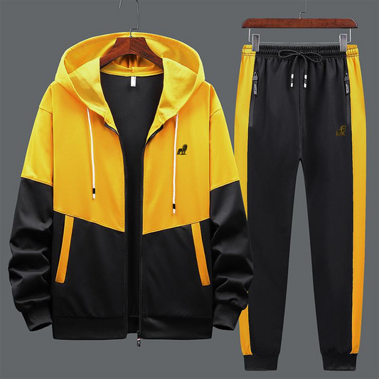 Casual Long Sleeve Hat Rope Pocket Design Color Blocking Zipper Coat And Drawstring Waist Jogger Pants Two-Piece Set