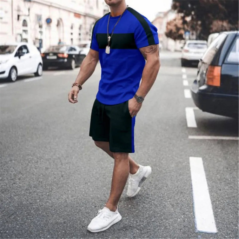 Men Fashion Round Neck 3D Printing Round Neck Large Size T-Shirt And Shorts Two-Piece Set