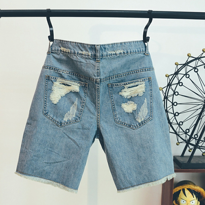 Mens Jeans Print Light Jean Shorts Men Ulzzang Summer Pattern Length Zipper Fly Stonewashed