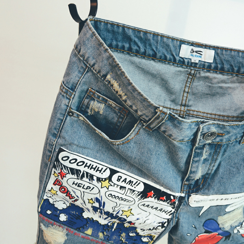 Mens Jeans Print Light Jean Shorts Men Ulzzang Summer Pattern Length Zipper Fly Stonewashed