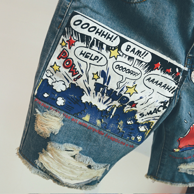 Mens Jeans Print Light Jean Shorts Men Ulzzang Summer Pattern Length Zipper Fly Stonewashed