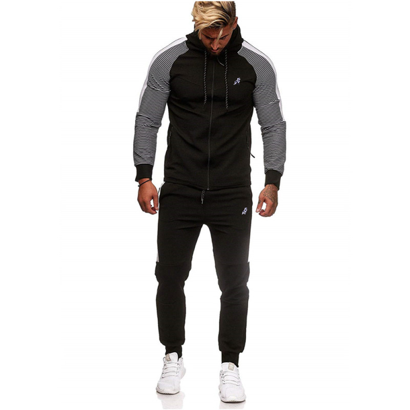 Long Sleeve Hat Rope Pocket Design Stripe Printed Zipper Hoodie And Drawstring Waist jogger Pants Two-Piece Set