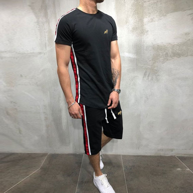 Men Striped Patchwork Short-sleeve T-shirt And Hip Hop Sports Shorts Two-piece Sets